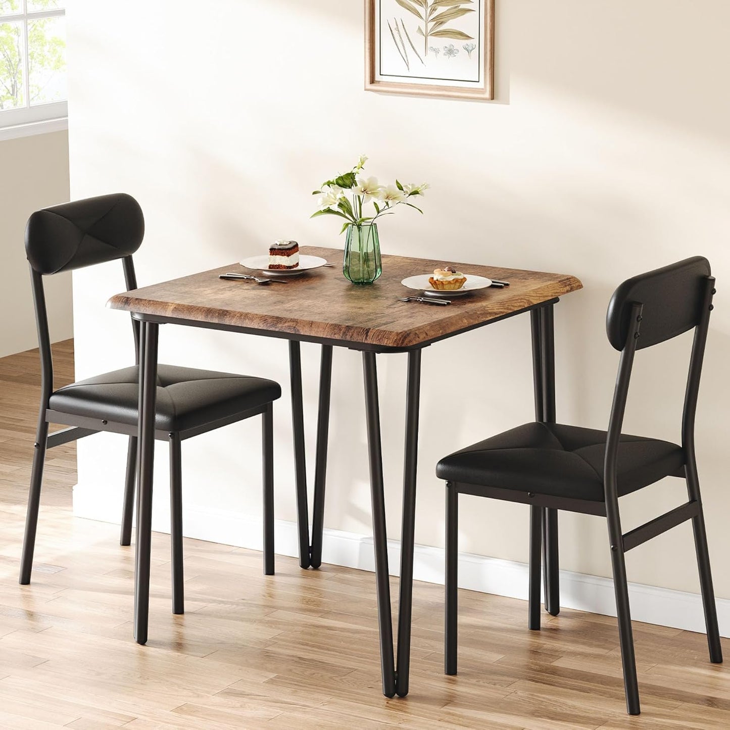 IDEALHOUSE Dining Table Set for 4, Kitchen Table with Upholstered Chairs for Kitchen Room and Small Spaces (Retro, Table with 2 Upholstered Chairs)