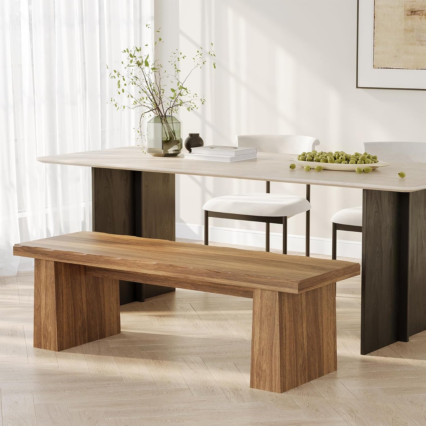 LITTLE TREE 47-Inch Wooden Entryway Bench, Farmhouse Dining Bench with Sturdy Frame for Dining Room, Bedroom, Living Room Hallway Kitchen, Easy Assembly (Walnut)