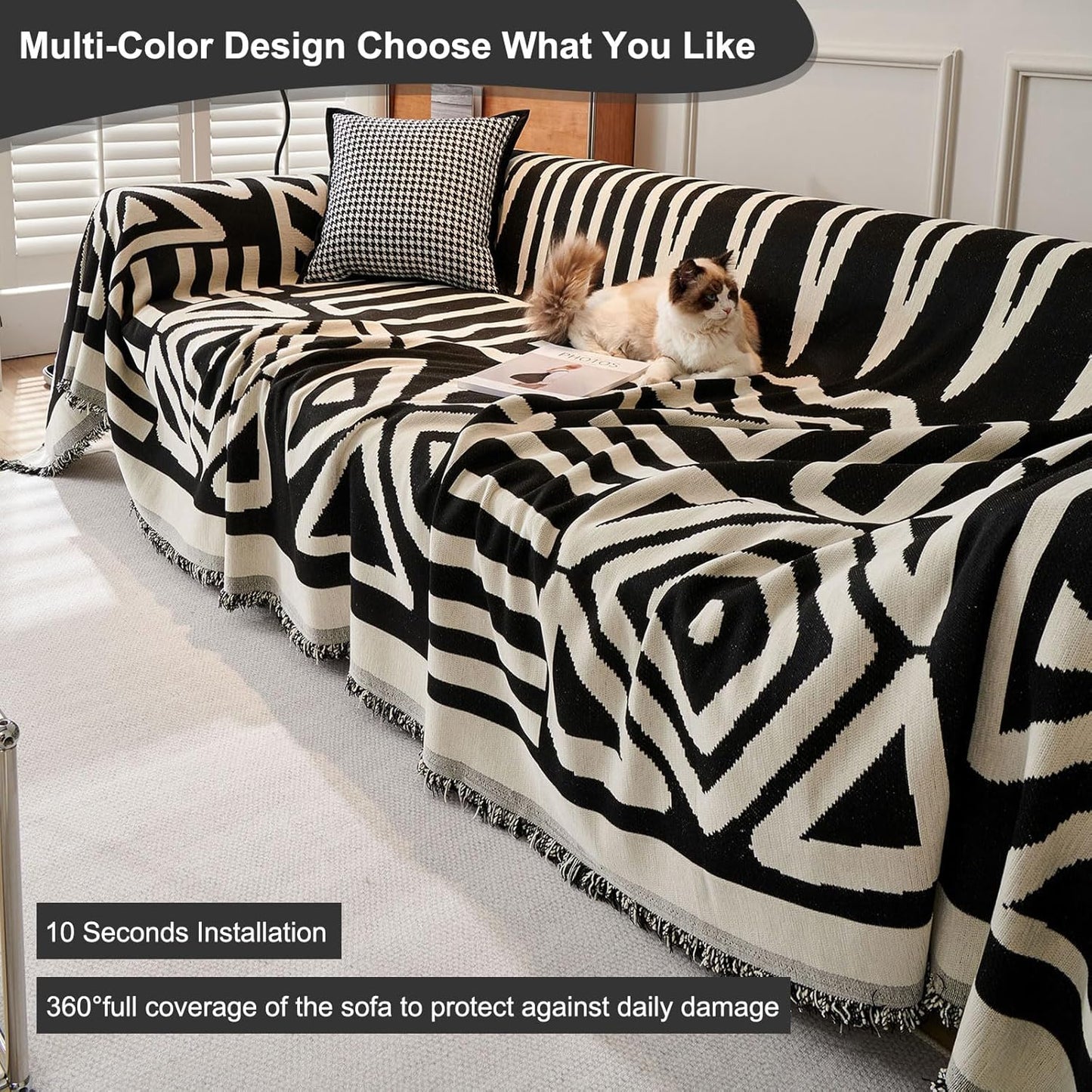 STACYPIK Boho Jacquard Sofa Cover for Dogs, Non Slip Black Geometric Triangle Couch Cover for 1 Seater, Armchair Slipcovers, Reversible Loveseat Cover, Multi-use Furniture Protector for Pets-71X71IN