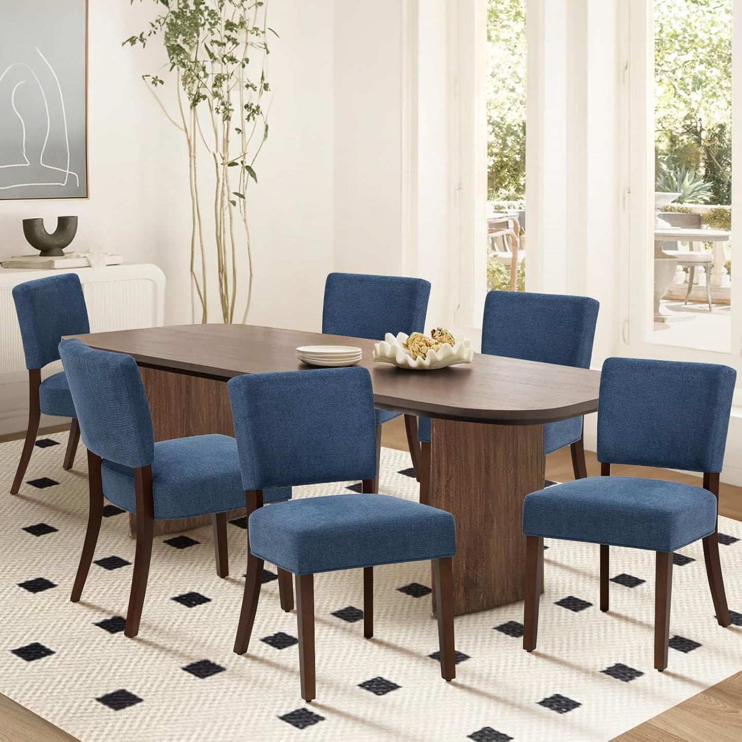 COLAMY Mid Century Modern Dining Chairs Set of 6, Upholstered Kitchen Chairs with Back, Farmhouse Fabric Side Dining Room Chairs with Wood Legs for Dining Room Kitchen Restaurant, Blue