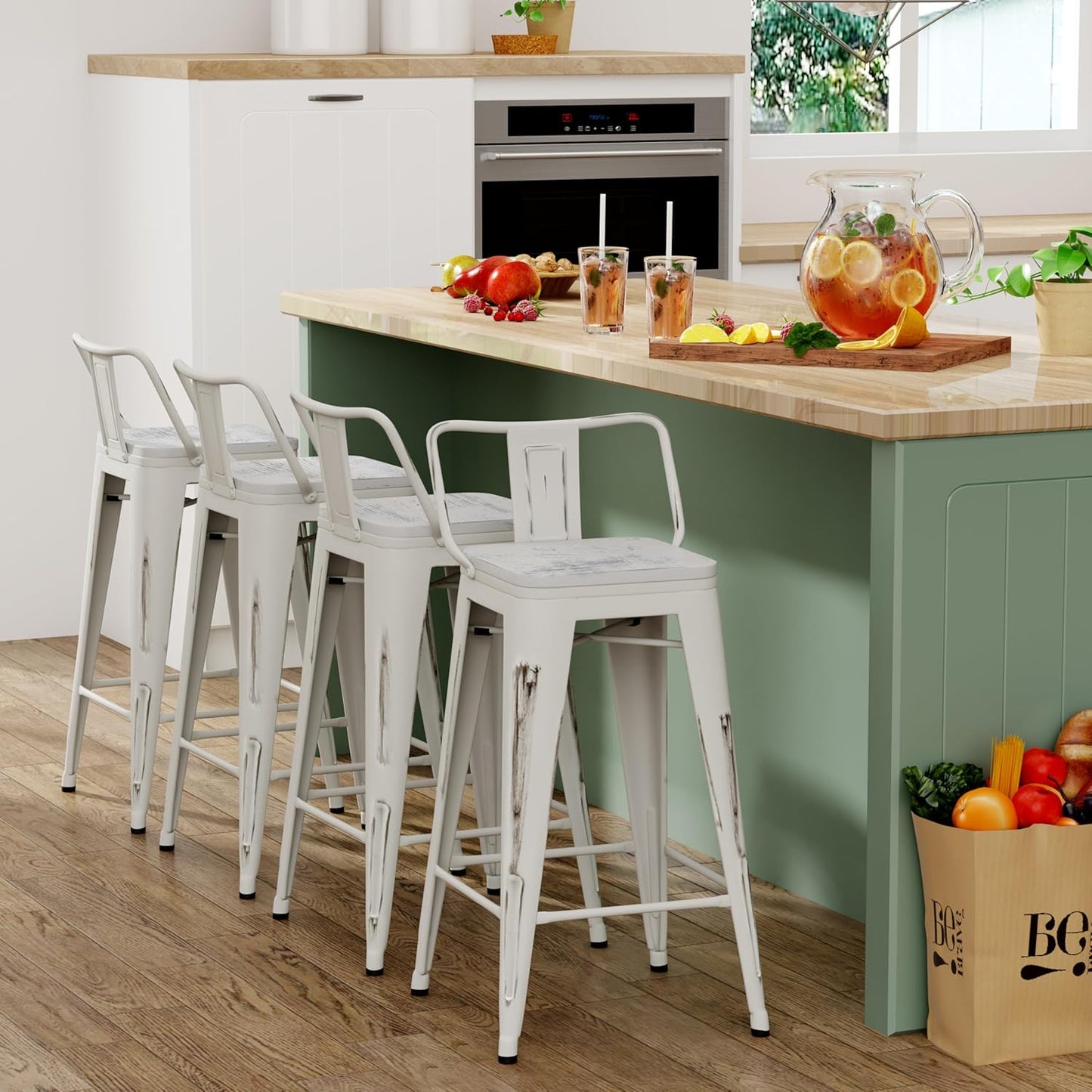 Yongchuang 30 inch Bar Stools Set of 4 Bar Height Metal Barstools with Wood Seat Distressed White Low Back Kitchen Bar Chairs