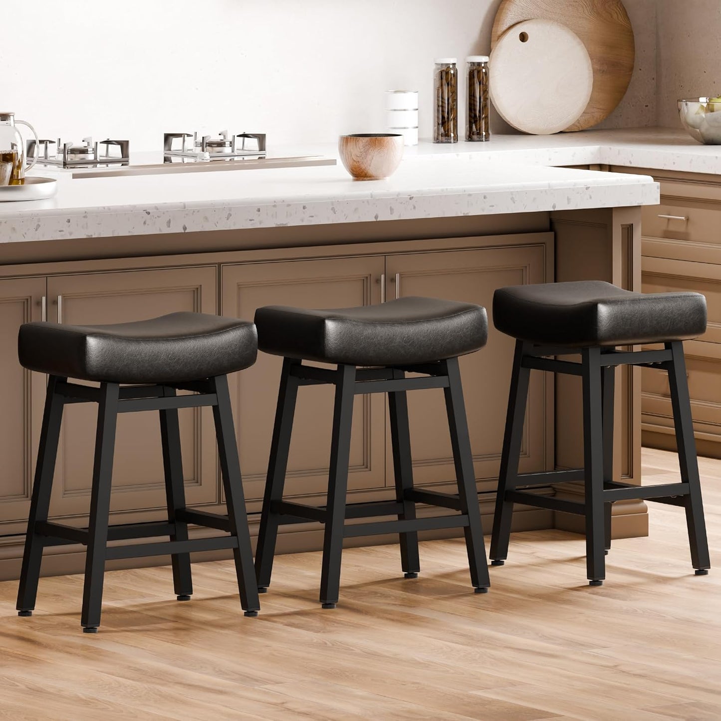 Counter Height Bar Stools Set of 3, 24 Inch Backless BarStools for Kitchen Island Leather Saddle Bar Chairs Kitchen Stools with 4" Thick Seats & Heavy Duty Metal Base, Black