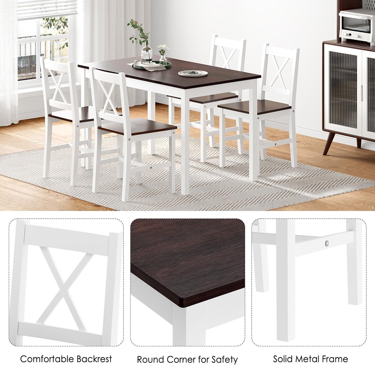 soges Kitchen Dining Table Chairs Set for 4, 42.5 inch Pine Wood Dining Room Table with 4 Chairs, 5-Piece Kitchen Table Chairs Set for Small Space, Apartment, Dinette, Breakfast, Walnut & White