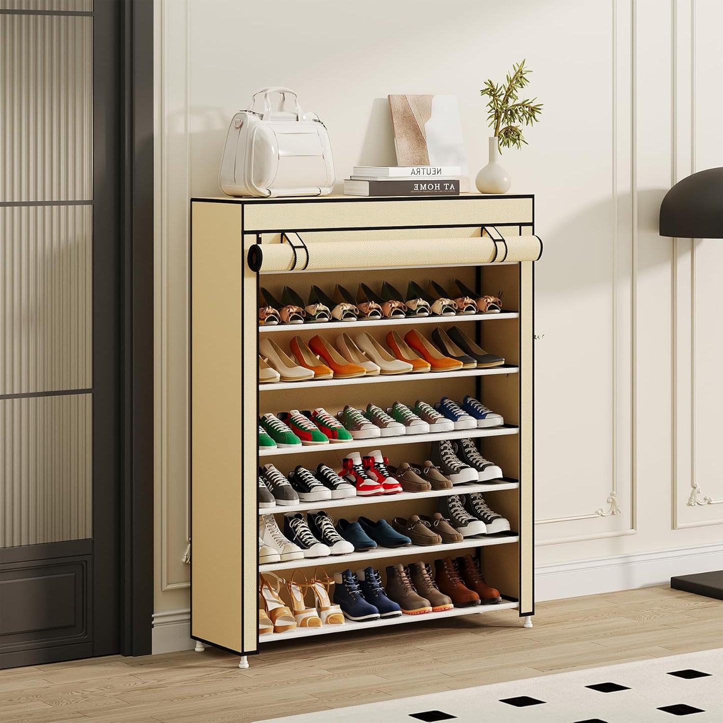 Calmootey 7 Tier Shoe Rack Organizer to Hold 35 Pairs, Portable Shoe Shelf with Nonwoven Fabric Cover for Closet Hallway, Bedroom, Entryway, Beige