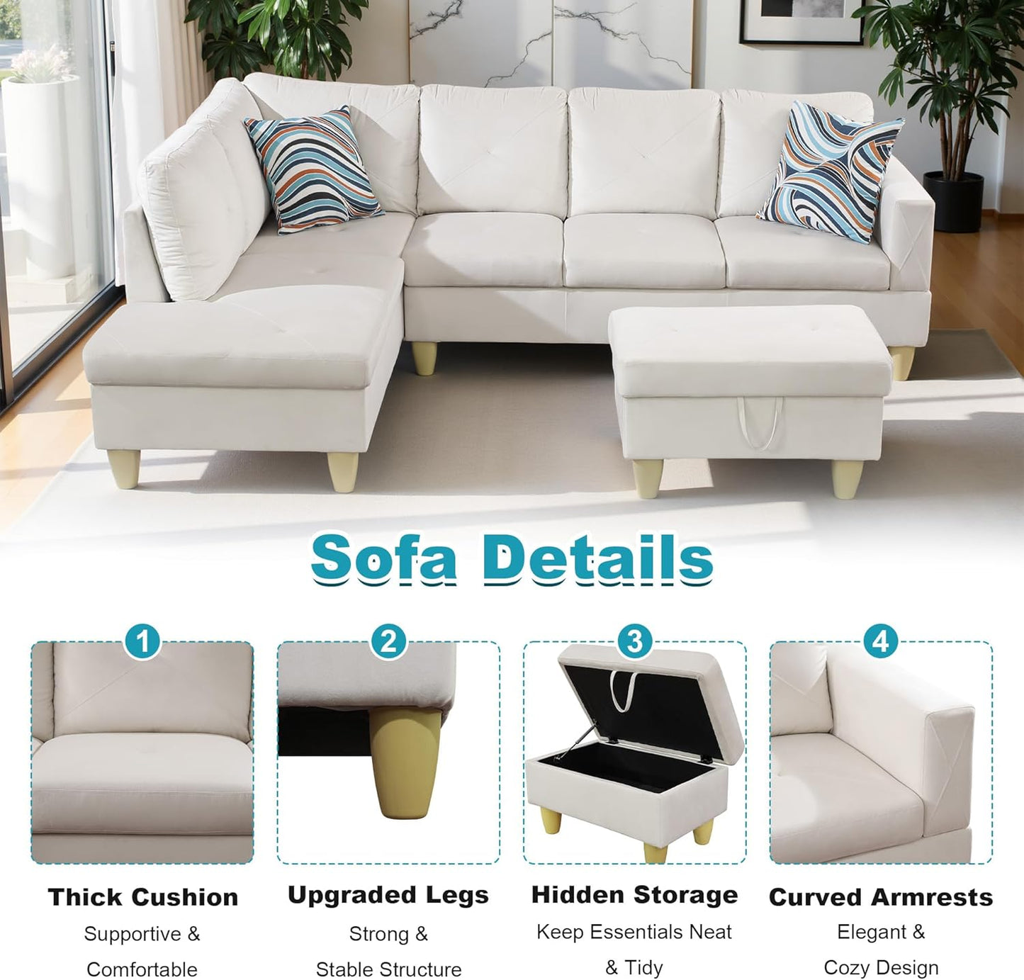 97" Oversized Sectional Couch, L Shaped Couch with Storage Ottoman, Modern Modular Sofa with Deep Seat, Sectional Couches for Living Room and Office, White (Flannel)