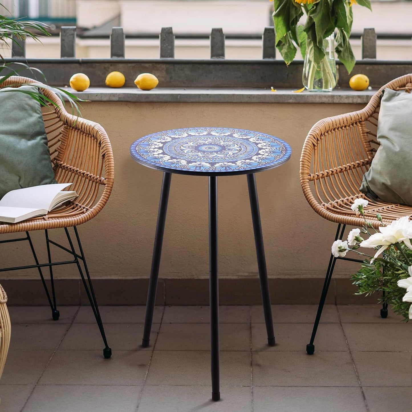 2 Packs Metal Mosaic Round Side Table 13.4" Small Outdoor Patio Round Accent Coffee Tables Indoor Corner Stand for Small Spaces Weather-Resistant for Balcony Plant Stand