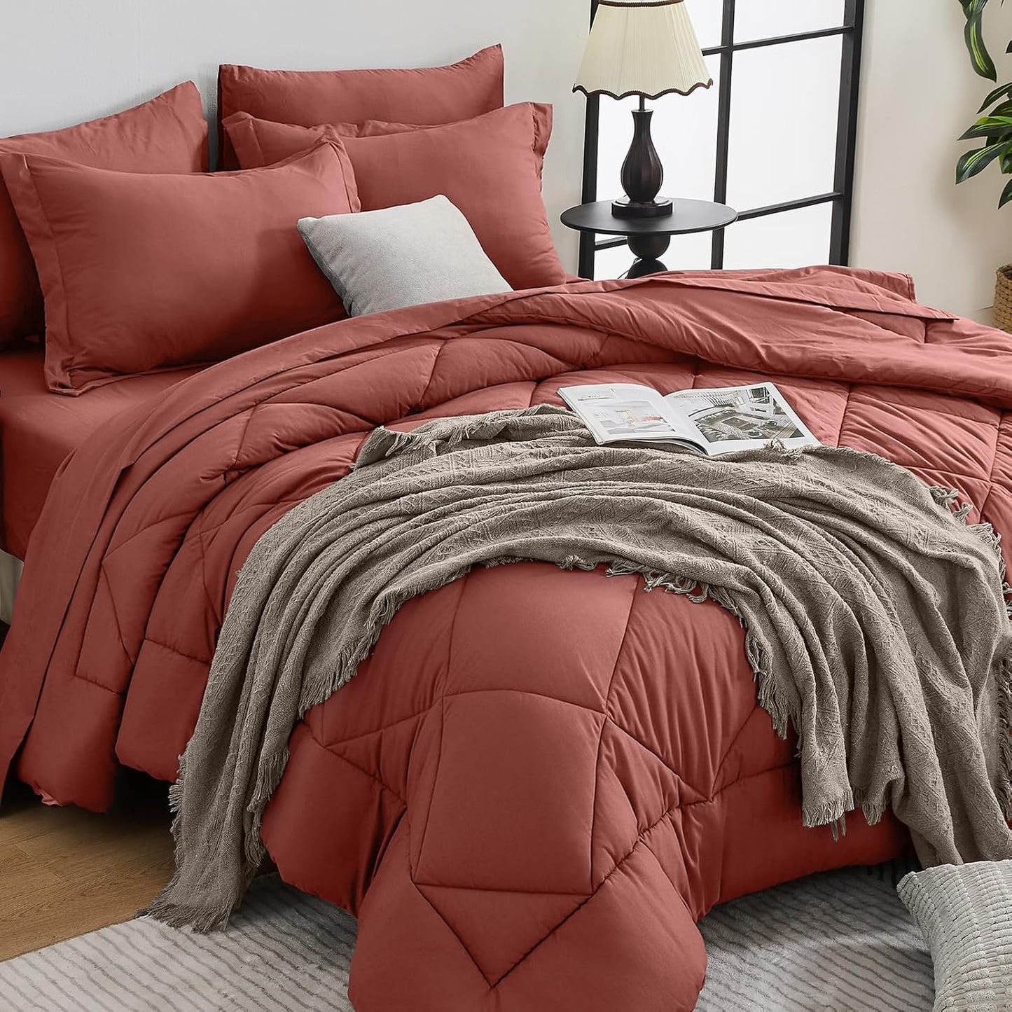 HEVUMYI Terracotta Full Comforter Set - 7-Piece All Season Bed in a Bag Full, Ultra Soft Bedding Set with Comforter, Flat Sheet, Fitted Sheet, Pillowcases, Pillow Shams