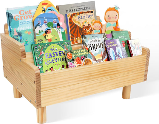 Kids Bookshelf,Montessori Bookshelf Small for Toddler,Baby Book Shelf Caddy with Divider,Toddler Book Storage Holder Container Wooden for Playroom,Kids Room,Nursery,Classroom,Pine (Natural Wood)