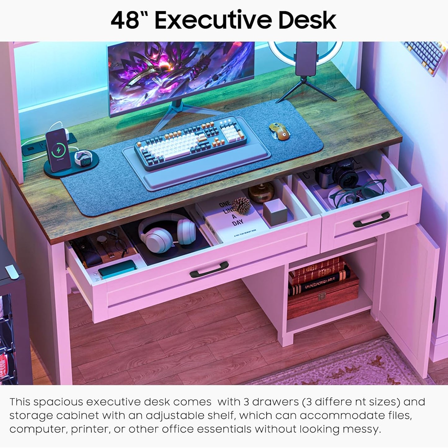 Farmhouse 47" Executive Desk, Computer Desk with 2 Drawers, LED Light and Storage Cabinet, Home Office Desk with Hutch, Charging Hub, Workstation for Home Office and Study.Unique White