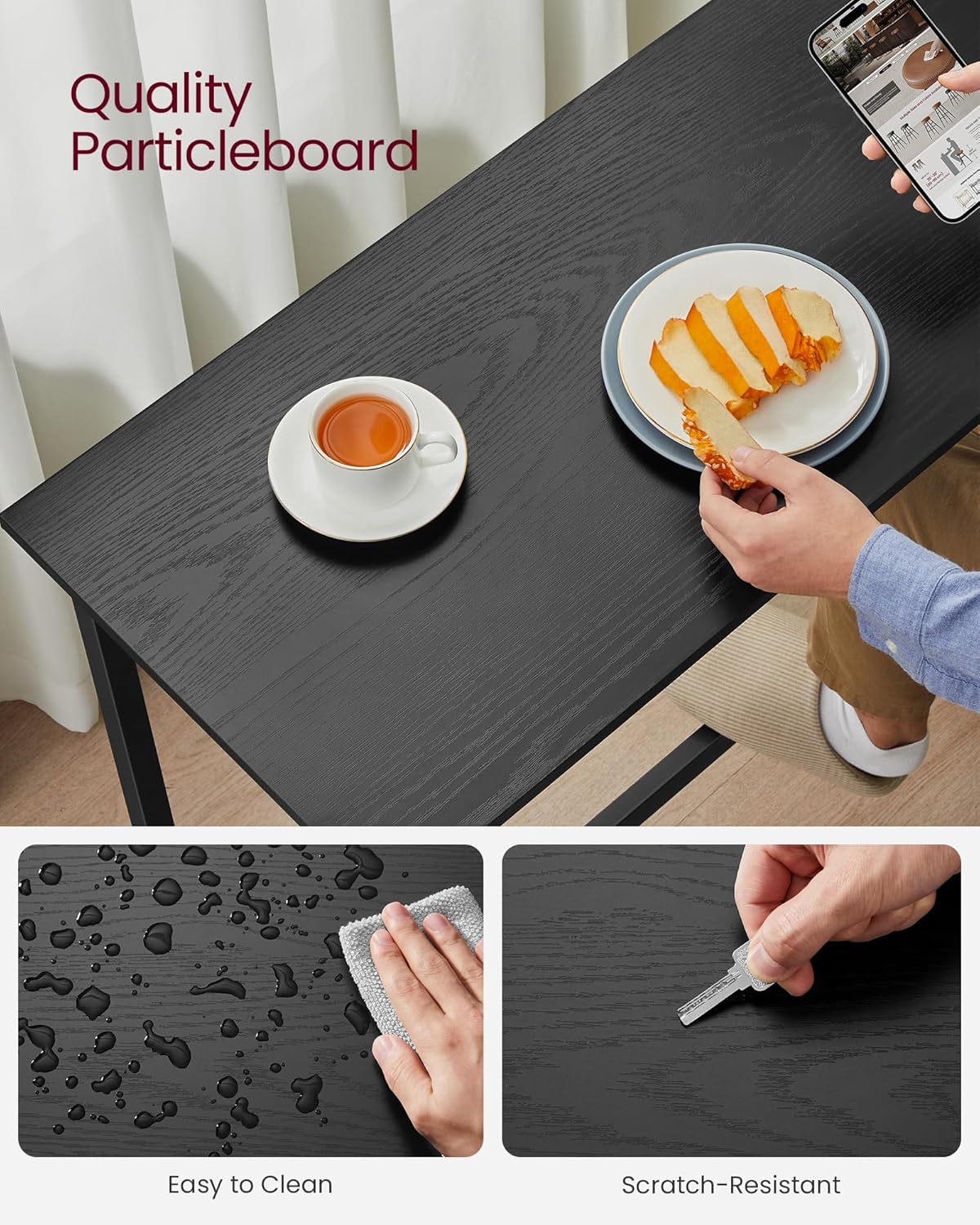 VASAGLE Bar Table, Narrow Long Kitchen Dining Table, Sturdy Metal Frame, Industrial, 15.7 x 47.2 x 35.4 Inches, Ebony Black and Ink Black ULBT120B56