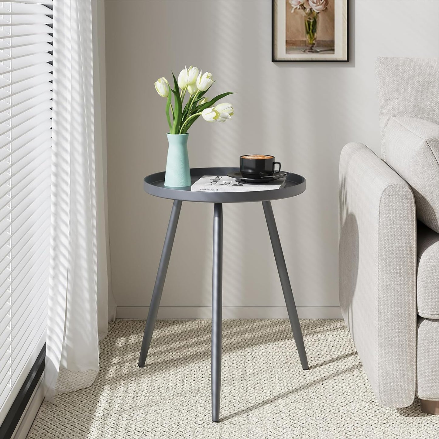 Apicizon 16" Round Side Table, Black End Table for Living Room, Bedside, Mid Century Modern Coffee or Circle Accent Table for Small Spaces, Metal Nightstand (Grey)