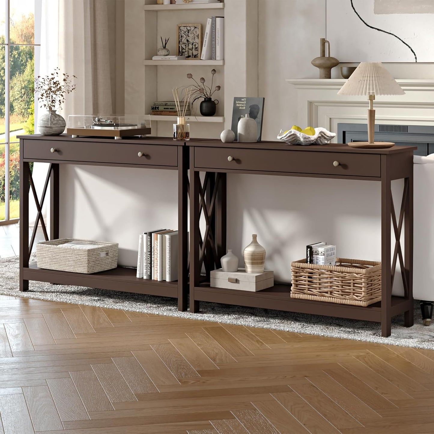 Treocho Black Console Table with Drawer and Storage Shelves, Foyer Sofa Table Narrow for Entryway, Living Room, Hallway