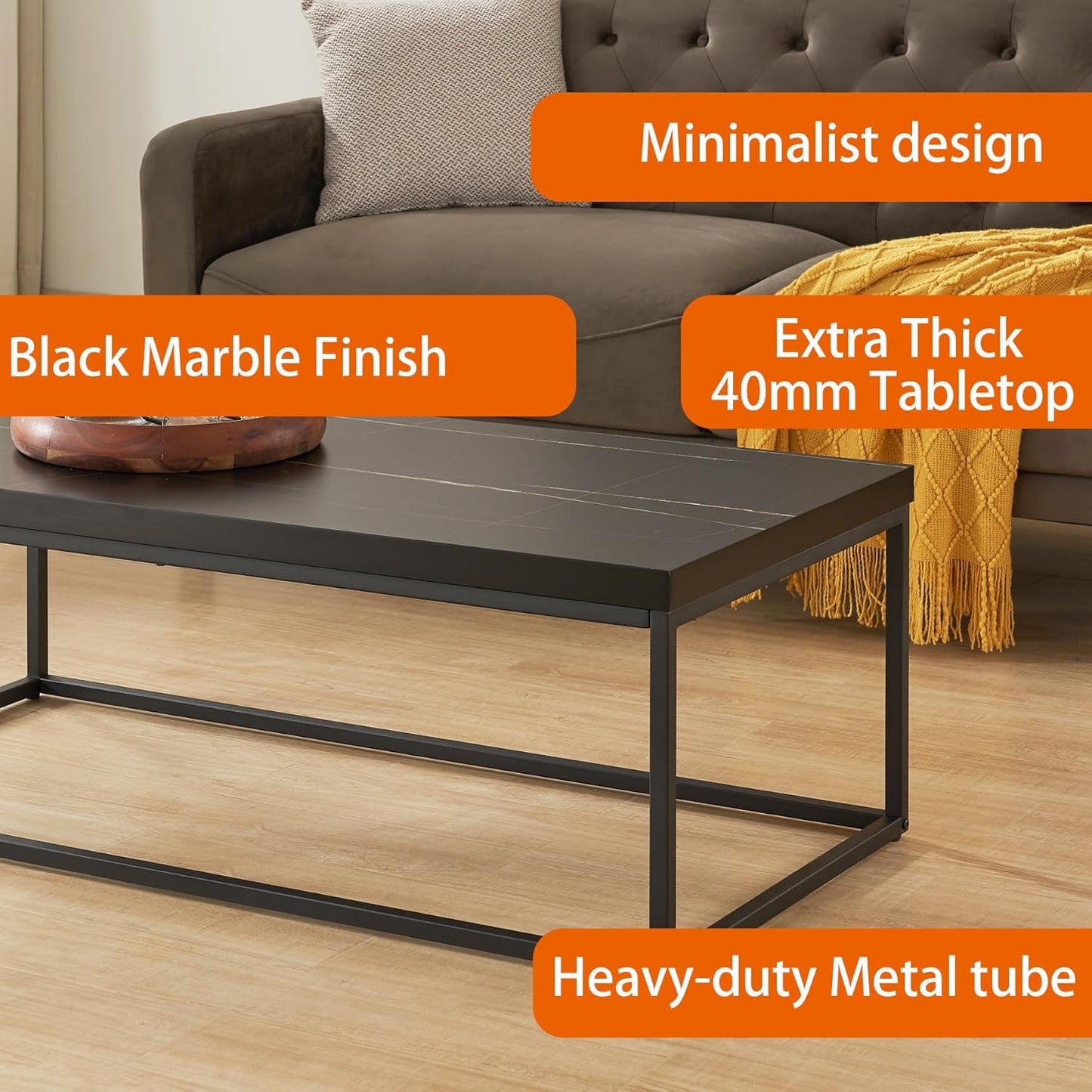 CENSI 18-Inch Black Marble Accent End Table/Side Table for Living Room, Modern Industrial, Square, Metal and Wood (Black Marble)