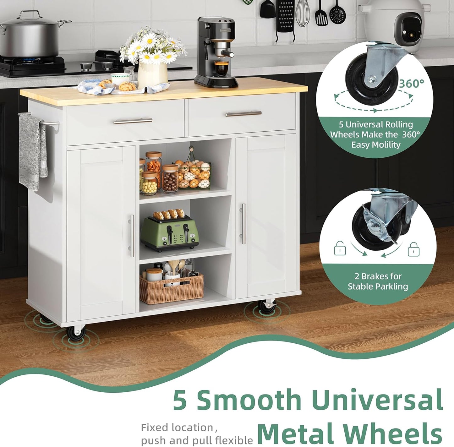 Shintenchi Kitchen Island with Storage, Kitchen Island Cart on Wheels with 3 Open Shelves, 2 Drawers and 2 Cabinets, Rolling Kitchen Table with Large Countertop, White