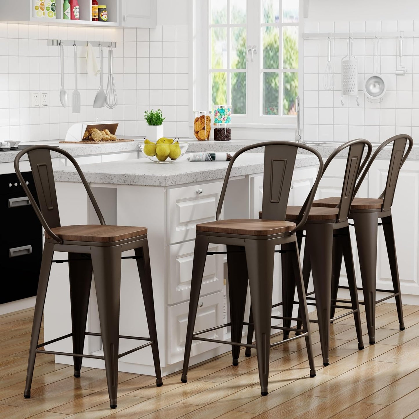 Yongqiang 24 inch Bar Stools Set of 4 Kitchen Counter Height Bar Chairs High Back Metal Barstools with Large Wooden Seat Industrial Rusty