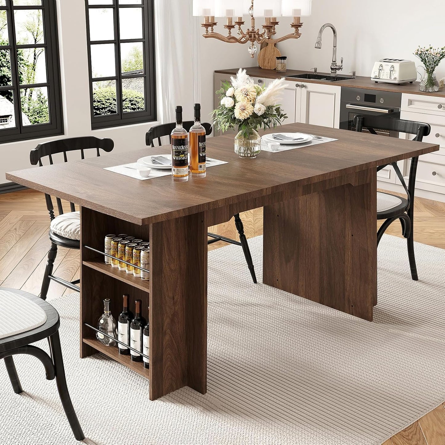 Garvee 63 Inch Dining Table for 2-4, Farmhouse Rectangular Kitchen Table with Waterproof Wood Tabletop, Heavy Duty Legs & 2-Tier Storage Shelves for Kitchen, Dining Room, Walnut