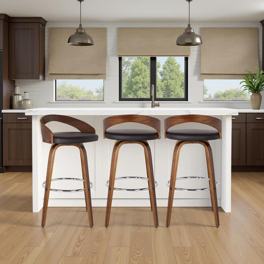 Armen Living Sonia 26" Counter Height Swivel Brown Faux Leather and Walnut Wood Bar Stool - Set of 2