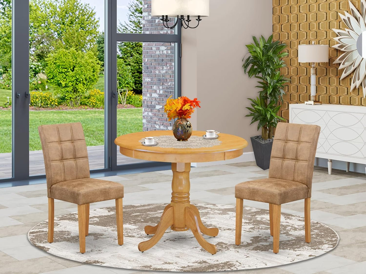East West Furniture ANAS3-OAK-28 3 Piece Modern Dining Set consists A Dining Room Table and 2 Brown Textured Polyester Fabric Upholstered Dining Chairs, Oak