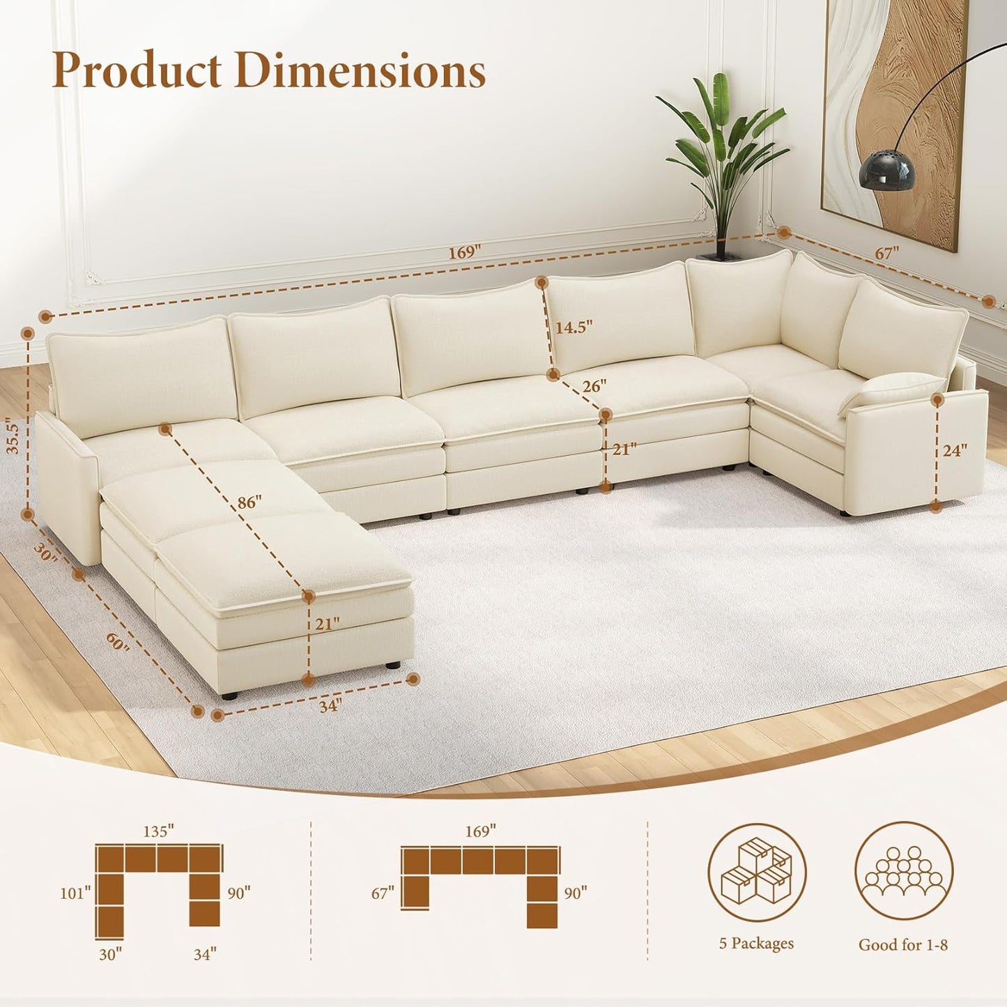 Vesgantti Large Modular Sectional Sofa, Big Comfy Cloud Couch with Ottoman Deep Seat Chenille Cloud Sofa, 8 Seater Large Sectional Couches for Living Room, Bedroom and Apartment, Beige