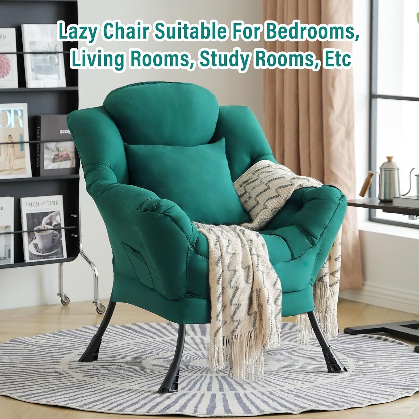 Lazy Chair with Pillow for Living Room, Modern Lounge Accent Chair with Armrests and a Throw Pillow, Leisure Sofa Chair Set, Reading Chair for Bedroom, Dorm Room, Office, Dark Green