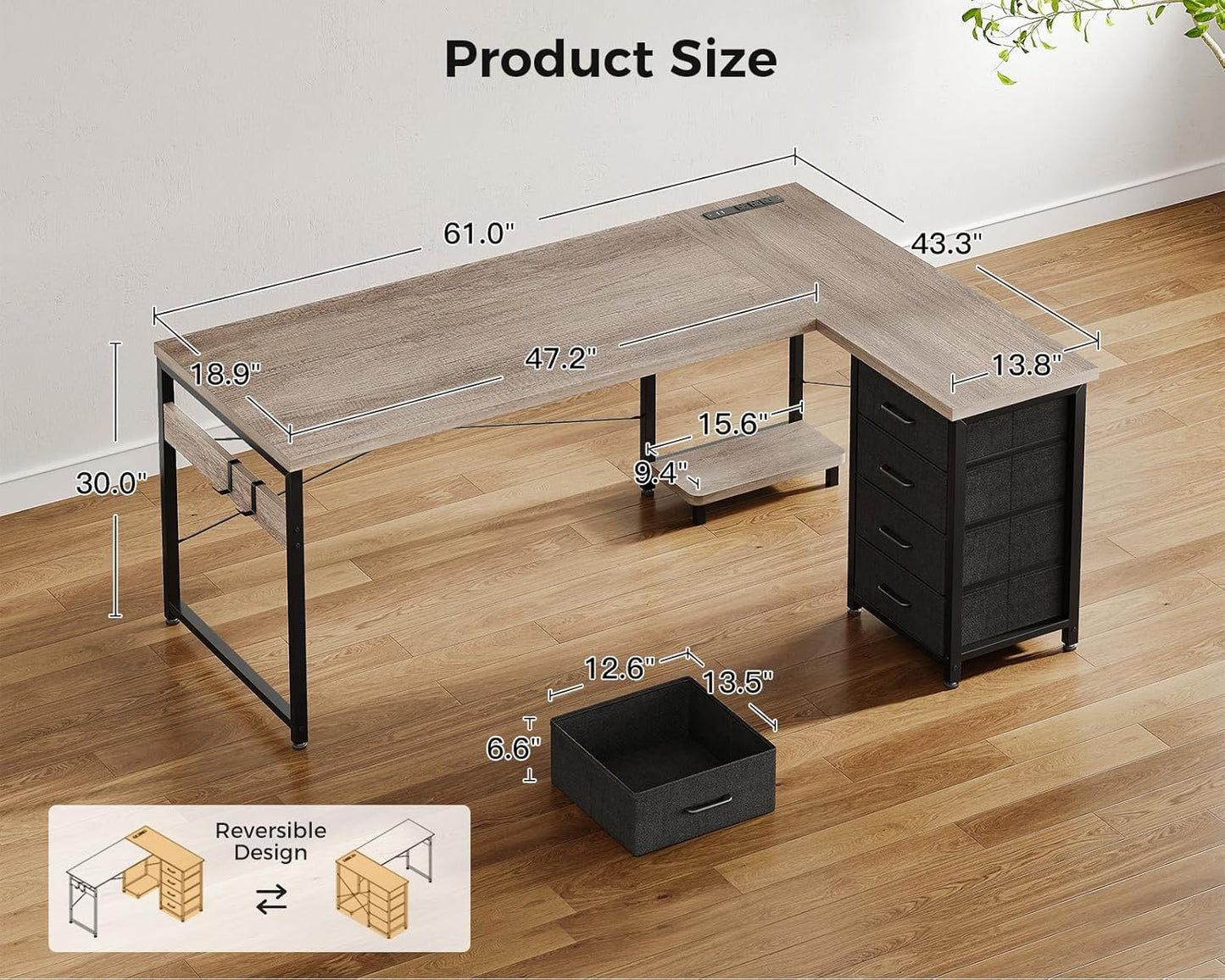 AODK L Shaped Desk with 4 Tier Drawers, 61" Reversible Gaming Desk with Power Outlets, L Shaped Computer Desk with USB Charging Port and Host Stand, Home Office Corner Desk, Easy to Assemble, Grey Oak