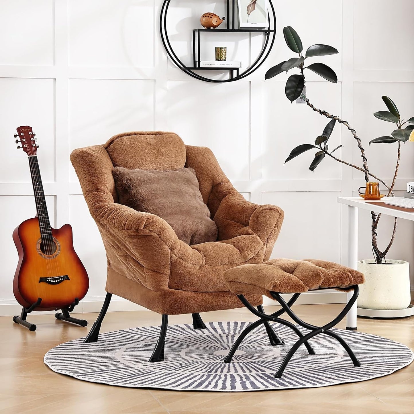 Lazy Chair with Ottoman, Comfy Reading Chair with Footstool & Throw Pillow Modern Lounge Accent Chair with Armrests & Side Pocket for Living Room, Bedroom, Dorm Room, Office, Plush Brown