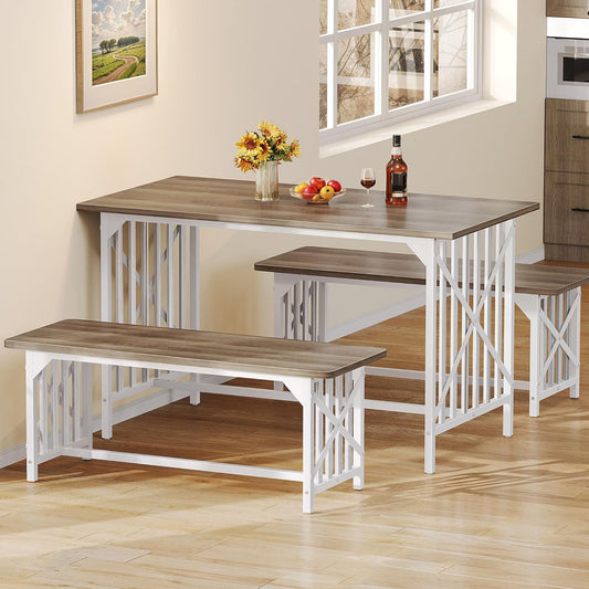 DWVO 3-Piece Kitchen Table with 2 Bench 47.2 Inch Dining Table Set for 4 People Bench Dining Table Set Industrial Rectangular Dining Room Table Set with Storage for Kitchen Dining Room Grey