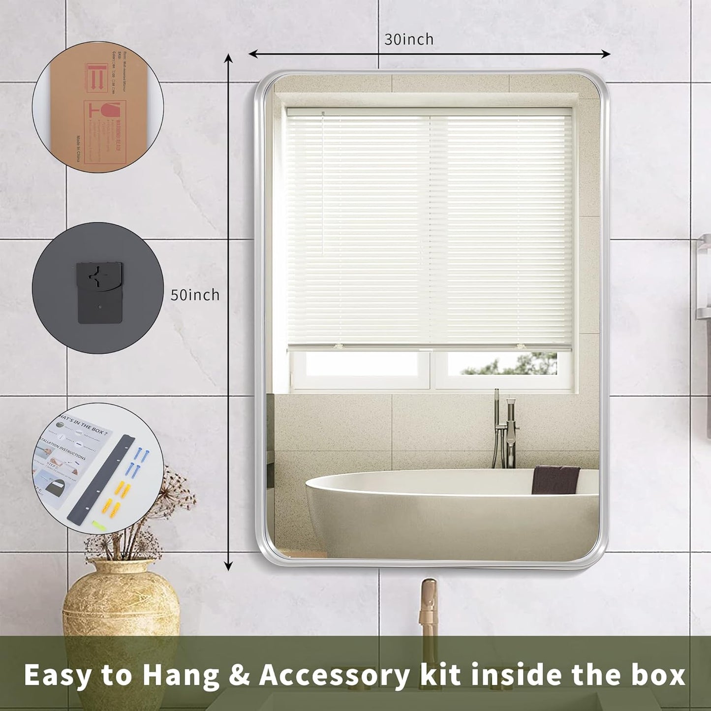 Siver Mirror for Bathroom Framed,Silver Bathroom Mirror 30x50,Wall-Mounted Mirrors,Bathroom Mirrors Pair,Bathroom Vanity Mirror,Espejo para baño