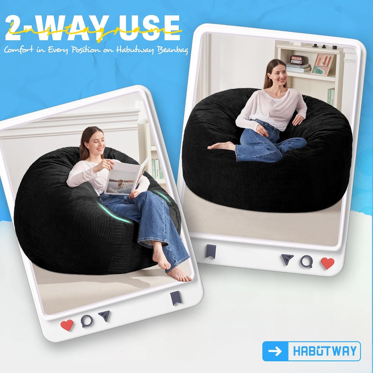 HABUTWAY 3FT Bean Bag Chair,Giant Bean Bag Chairs for Adults,Big Bean Bags with Memory Foam Filled, Large Beanbag Chairs with Soft Corduroy Cover-Black