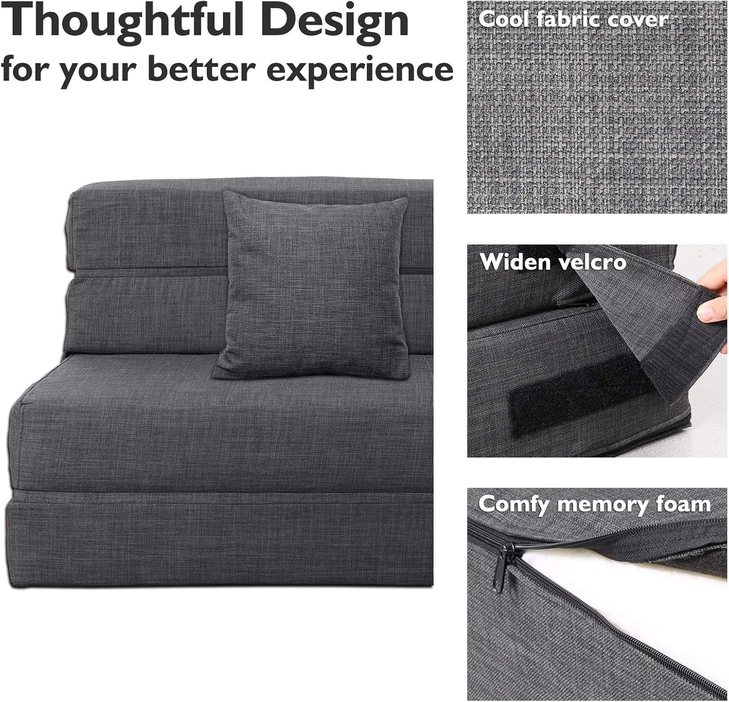 ANONER 60" Fold Sofa Bed Couch Memory Foam with 2 Pillows Futon Sleeper Chair Guest Bed and Fold Out Couch, Washable Cover Queen Size, Dark Gray