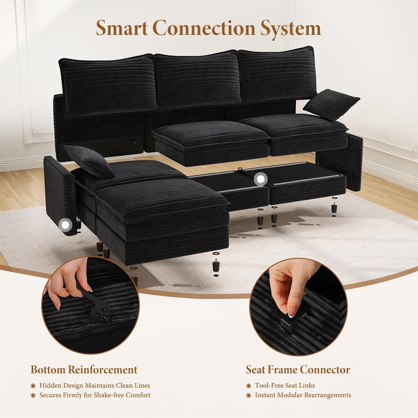 Vesgantti 142" Cloud Couch Sectional Modular Sofa, Comfy Sectional Couch with Ottoman Deep Seat Corduroy L Shaped Sofa, Modular Couches for Living Room, Bedroom and Apartment, Black