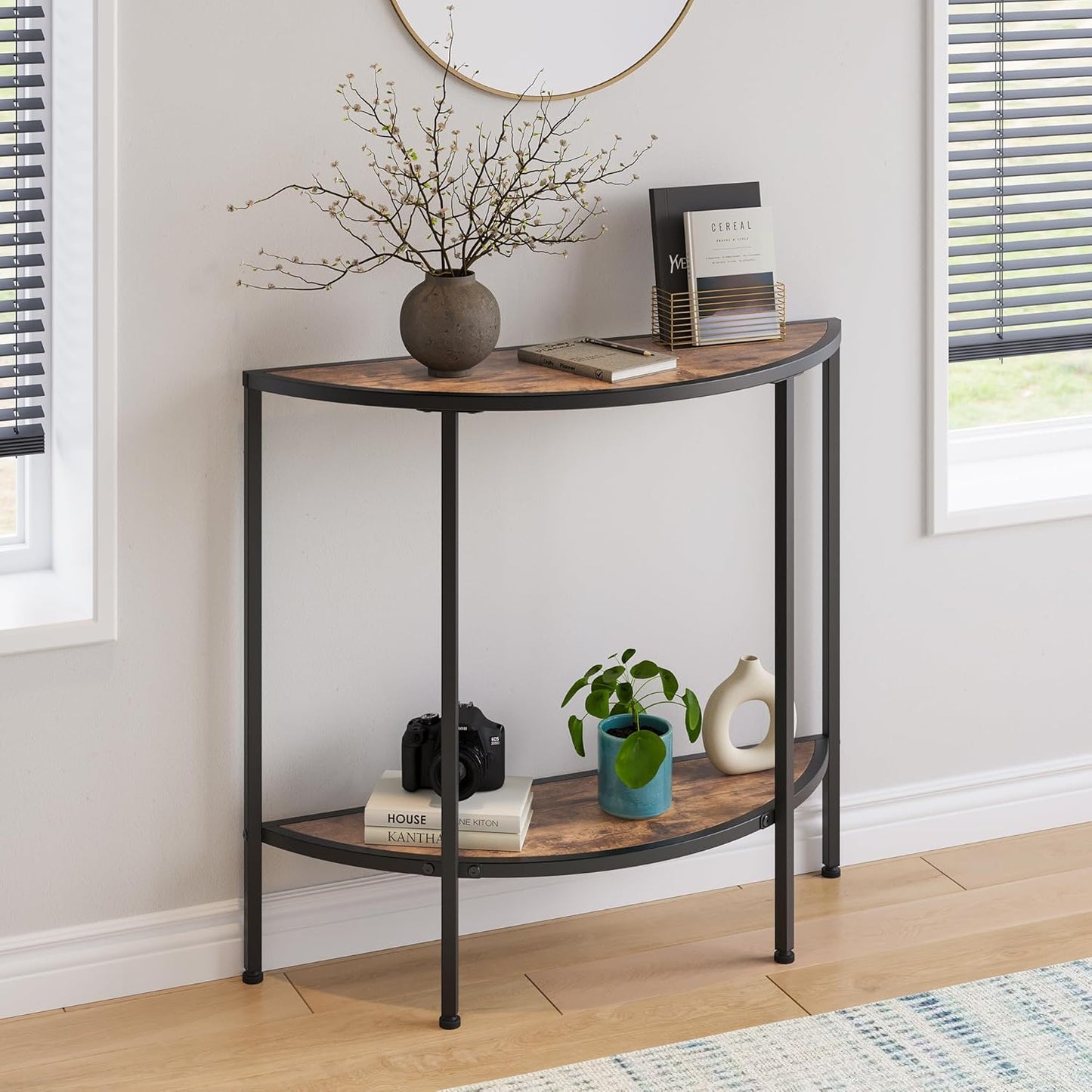 Entryway Table with Storage,Narrow Console Table for Living Room Coffee Table 2-Tier Half Moon Sofa Table,Small Entry Table,Hallway Side Table with Metal Frame,Rustic Brown and Black