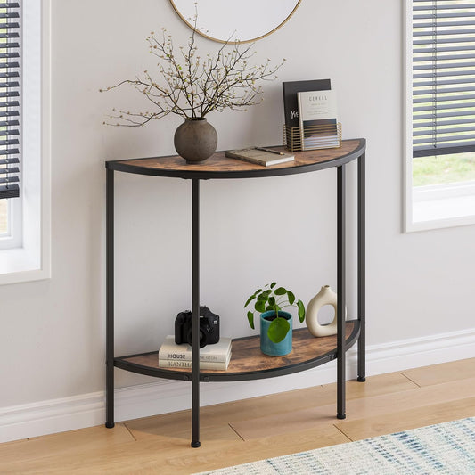 Entryway Table with Storage,Narrow Console Table for Living Room Coffee Table 2-Tier Half Moon Sofa Table,Small Entry Table,Hallway Side Table with Metal Frame,Rustic Brown and Black