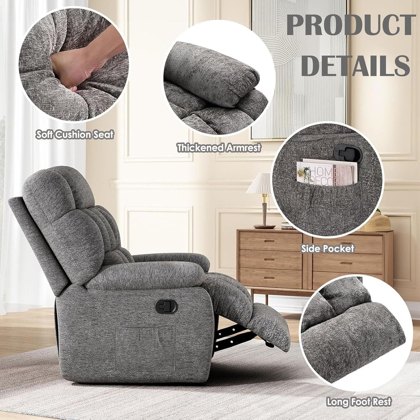 Oversized Recliner Chair, Adjustable Recliner with Side Pockets, Living Room Reclining Lounge Chair for Adults, Small Spaces Comfy Sofa with Theater Seating for Bedroom, Gray