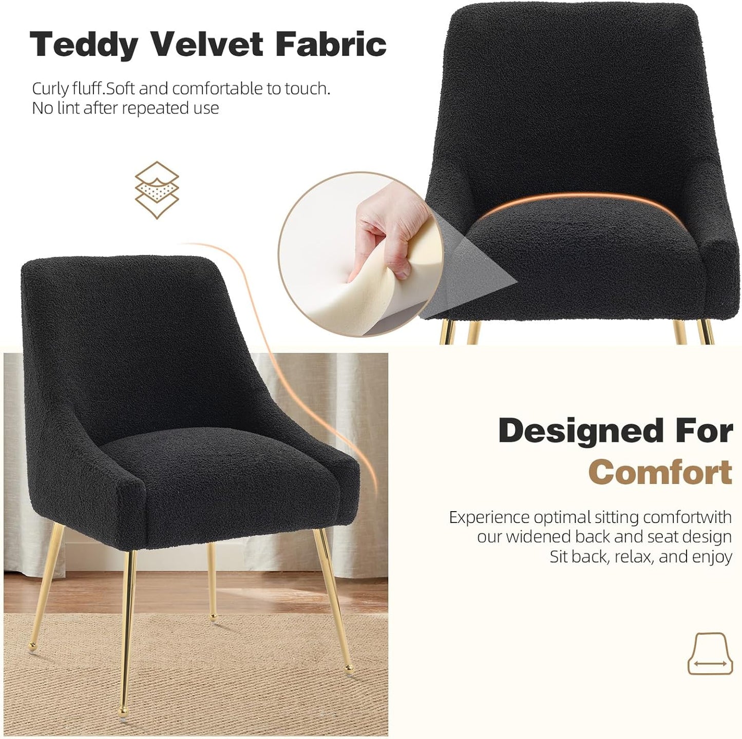 Dining Chairs Medieval Modern Restaurant Chairs, Soft Cushions, Teddy Velvet, Polished Gold Metal Legs, Kitchen Chairs, Living Room Black 4-Piece Set