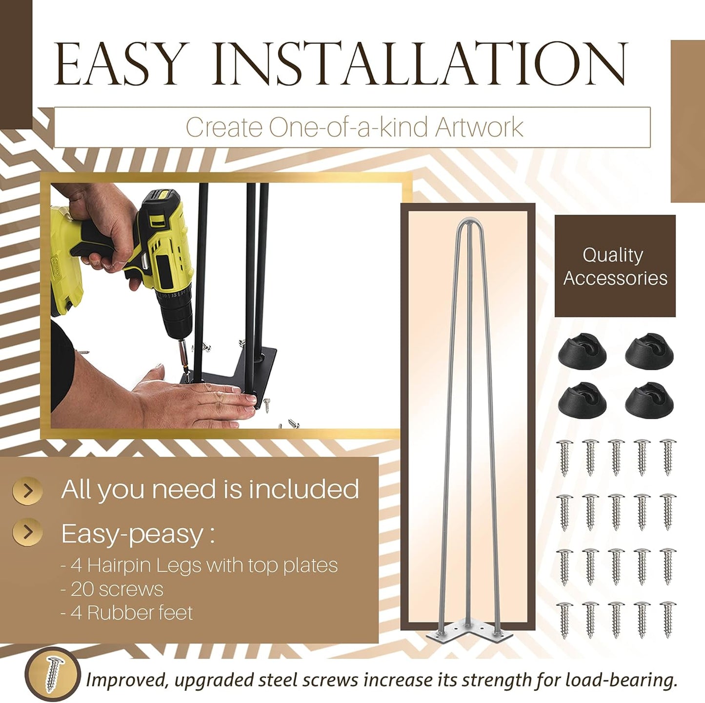 TEN49 Heavy Duty Hairpin Furniture Leg - 34 Inch Industrial Metal Table Legs - 1/2" Extra Thickness 3 Solid Rods Raw Steel Color Leg - Fit for Modern Standing Desk, Console, Bar Height Table Legs