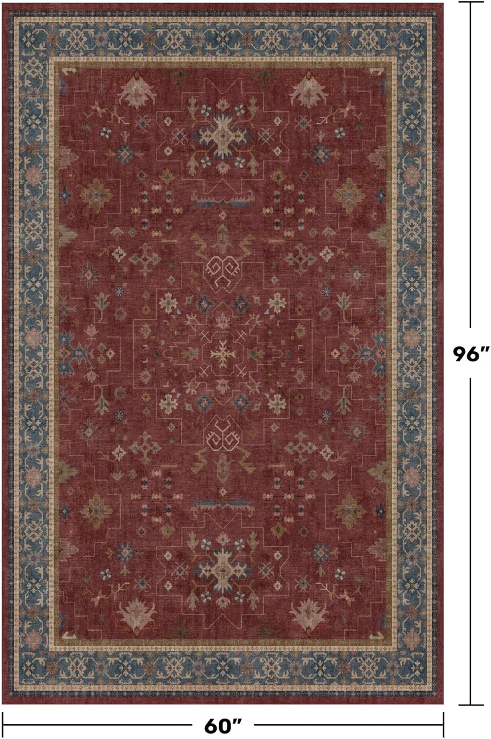 5x8 Boho Dark Red Rug for Living Room - Vintage Oriental Revival Low-Pile Carpet for Bedroom, Dining Table, Machine Washable Area Rug Non-Slip with Rubber Back
