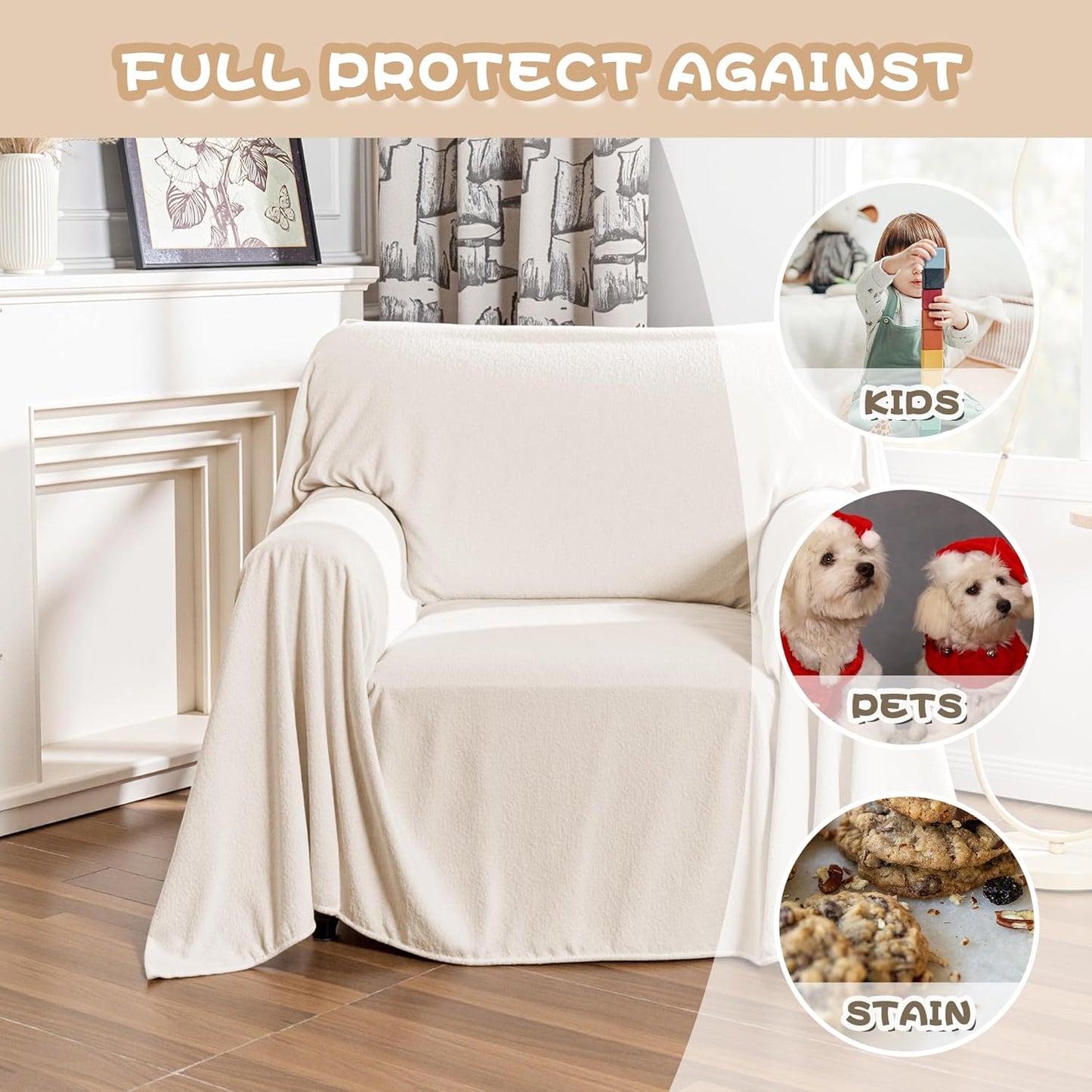 MYSKY HOME White Armchair Couch Cover for Sofa, Couch Covers for Dogs Washable, Couch Cover Blanket Modern Sofa Slipcovers, Super Soft Sofa Furniture Cover for Reclining Couch, 71" x 91"