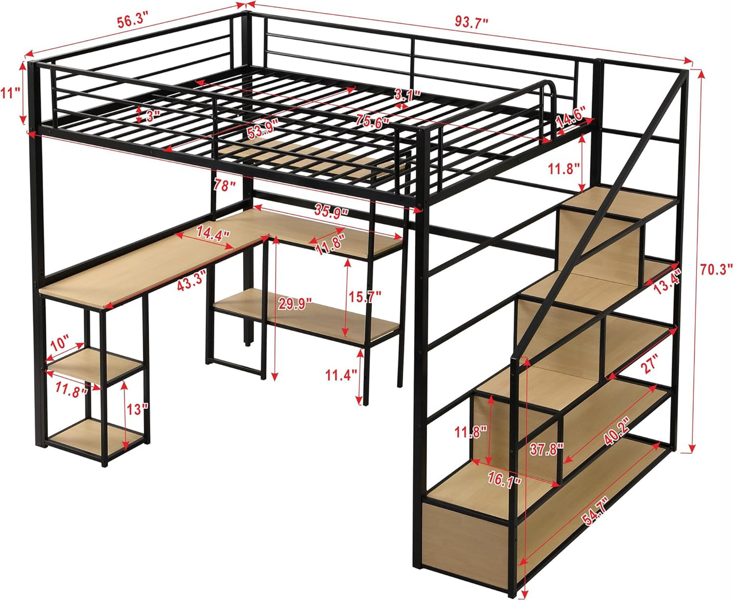 Full Size Metal Loft Bed with Staircase,Full-Length Guardrails,a Built-in Desk and a 3-Tier Shelf,No Box Spring Needed,Noise Free,for Juniors&Adults,Black