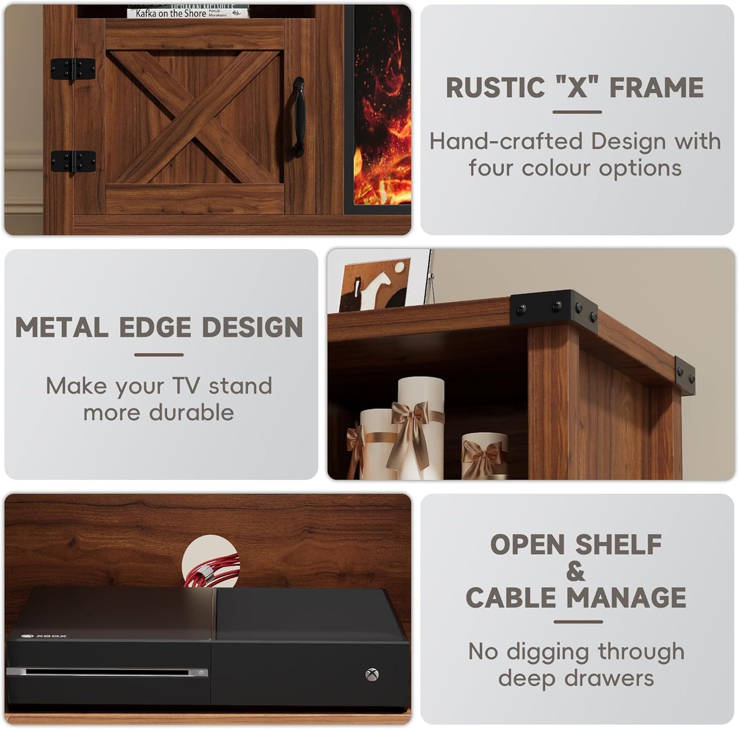 YESHOMY Fireplace TV Stand with Barn Doors and Open Display Shelf, Farmhouse Media Console with Hidden Cable Routing, Entertainment Center for Televisions up to 65+ Inch, Walnut