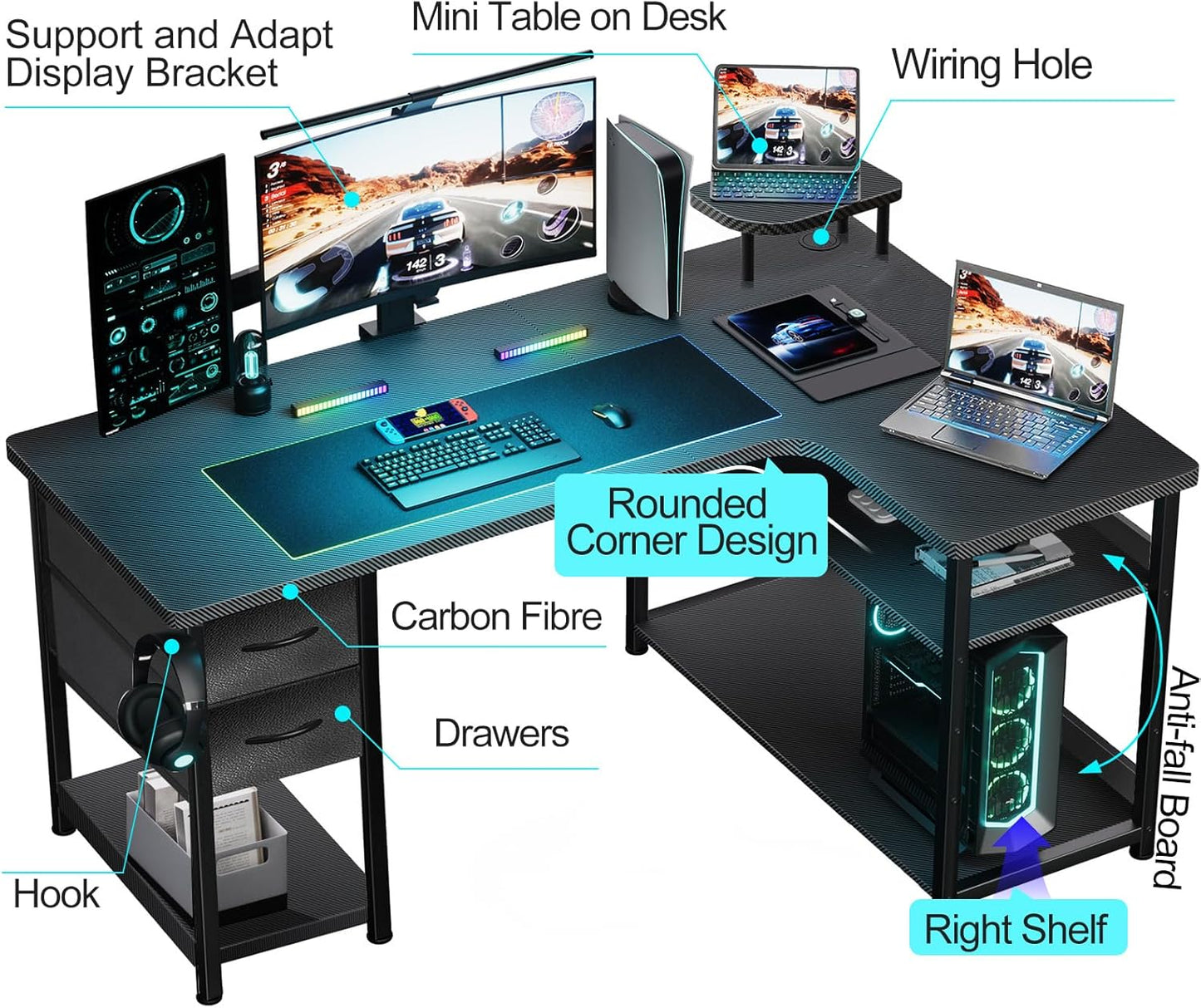 GTRACING Gaming Desk with Drawers, Carbon Fiber Style L Shaped Computer Desk Compatible with Monitor Arm Corner Desk Gaming Table for Home Office Desks, Easy to Assemble Adjustable Shelf Height