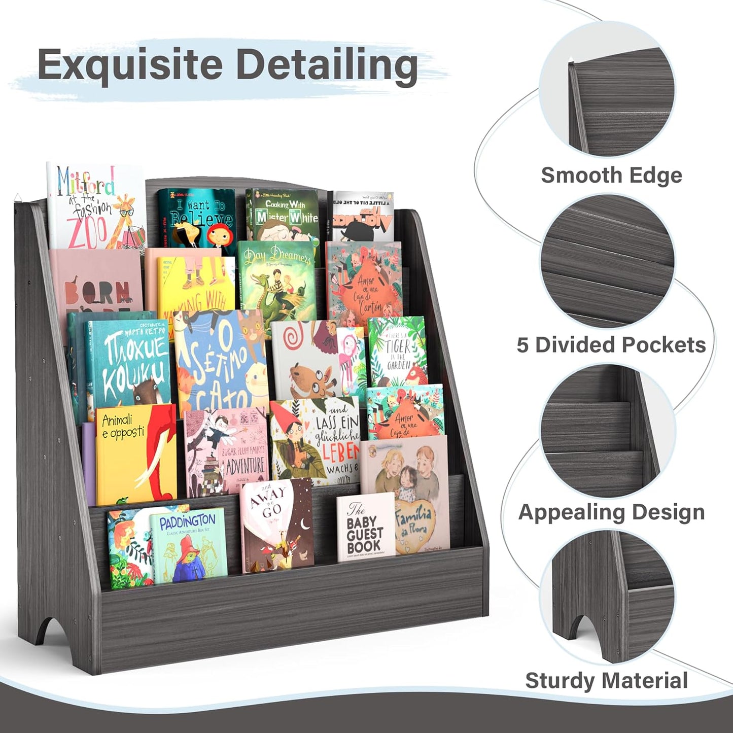 TOETOL 5-Tier Kids Bookshelf - Toddler Book Display Shelves for Classrooms, Playrooms, and Nursery - Wooden Children Book Rack (Gray Wash)