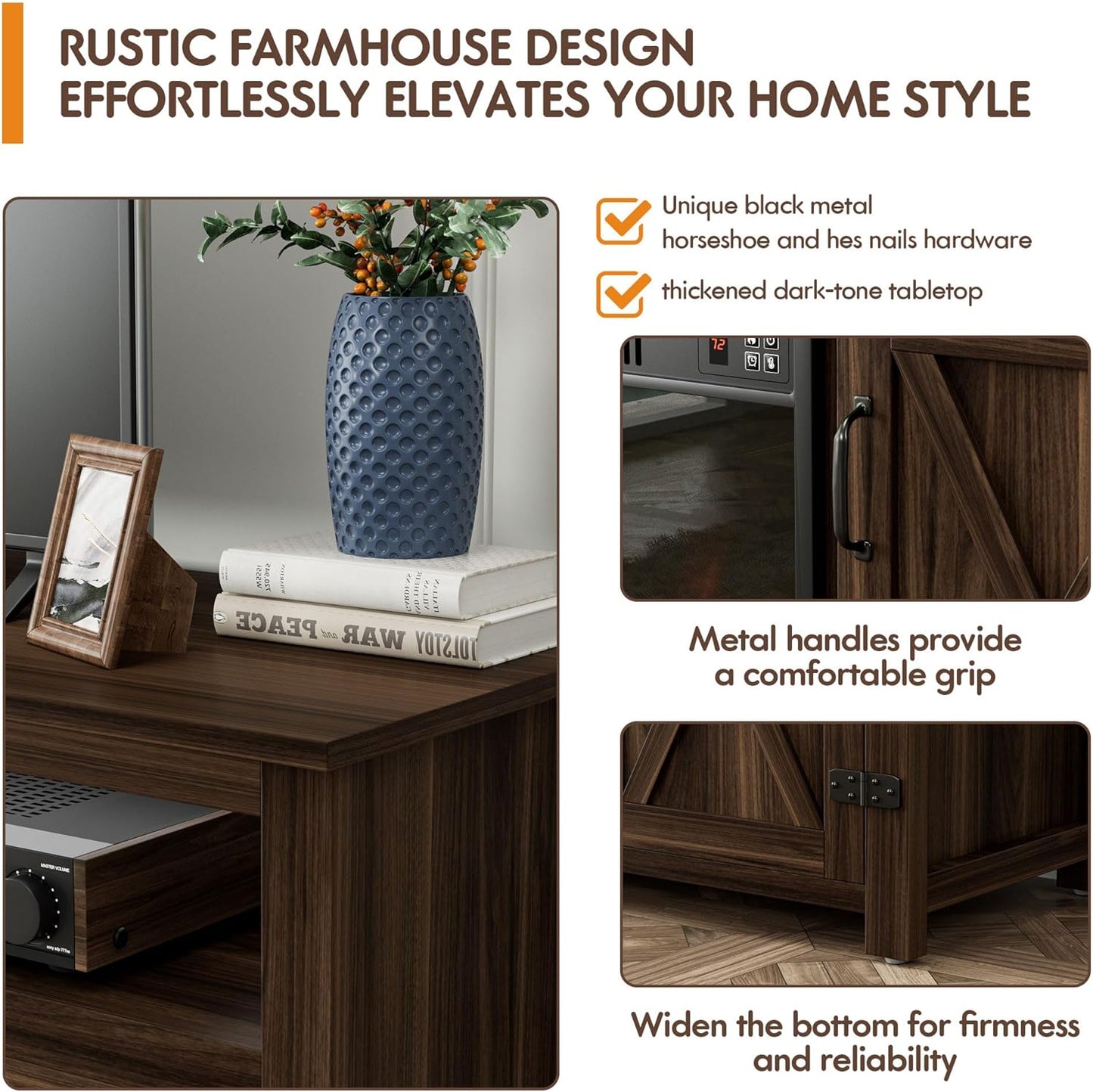 YESHOMY Fireplace TV Stand for Television up to 65+ Inch with Storage and Farmhouse Barn Doors, Entertainment Center with Cabinet and Shelves, Media Console for Living Room, Walnut