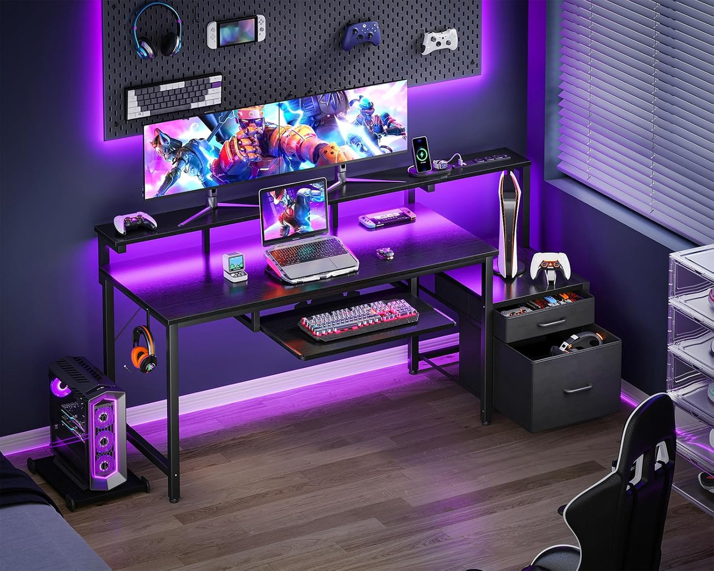 AODK Computer Desk with Drawers and Keyboard Tray, 63" Office Desk with Power Outlet and LED Lights, Reversible Study Work Desk with Printer Shelf and PC Stand for Home Office, Black