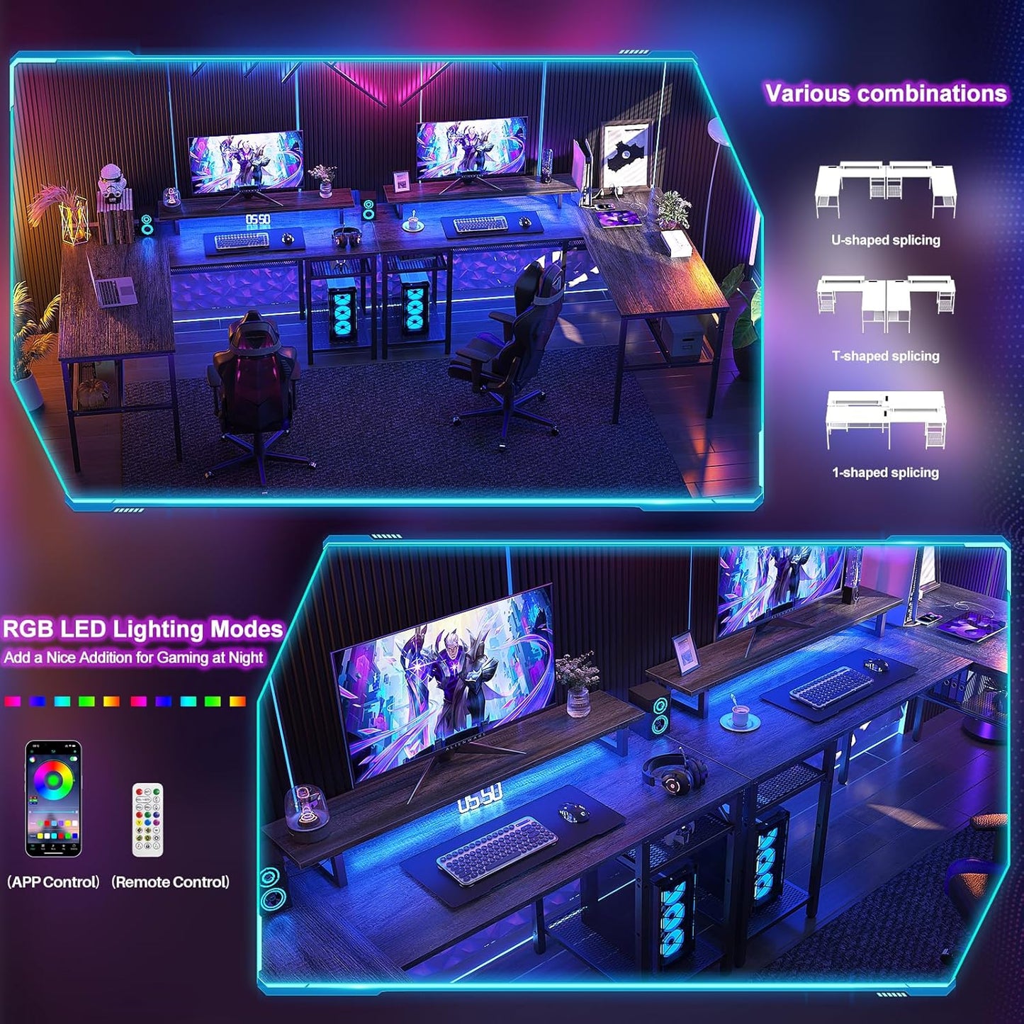 L Shaped Computer Desk with Magic Power Outlets and Smart LED Light, Reversible Office Corner Desk with Ergonomic Monitor Stand, Large Gaming Table with Storage, Sleek Grid Design, Black Oak