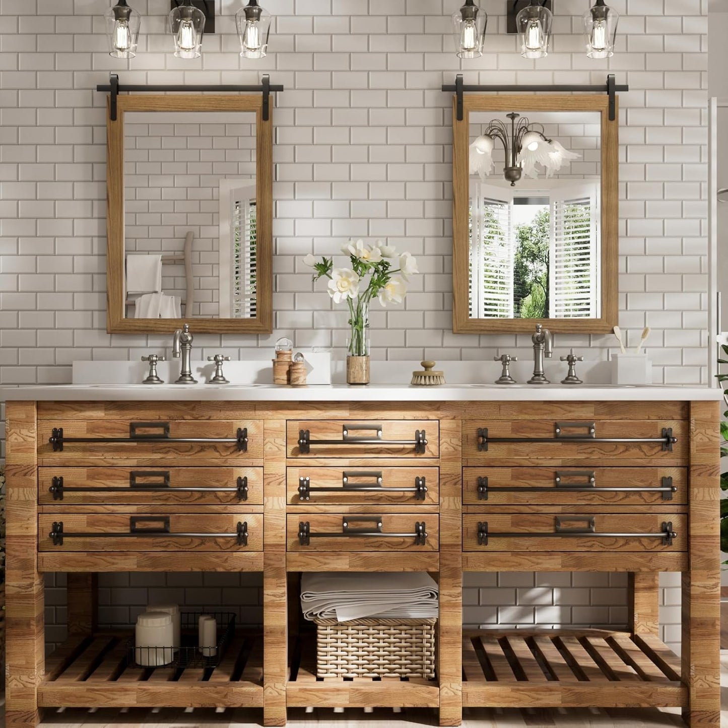 Farmhouse Bathroom Mirror, Brown Rustic Vanity Mirror Wood Framed Decrative Mirrors, Barn Door Style Decor Entryway Bedroom 22x30INCH Horizontal