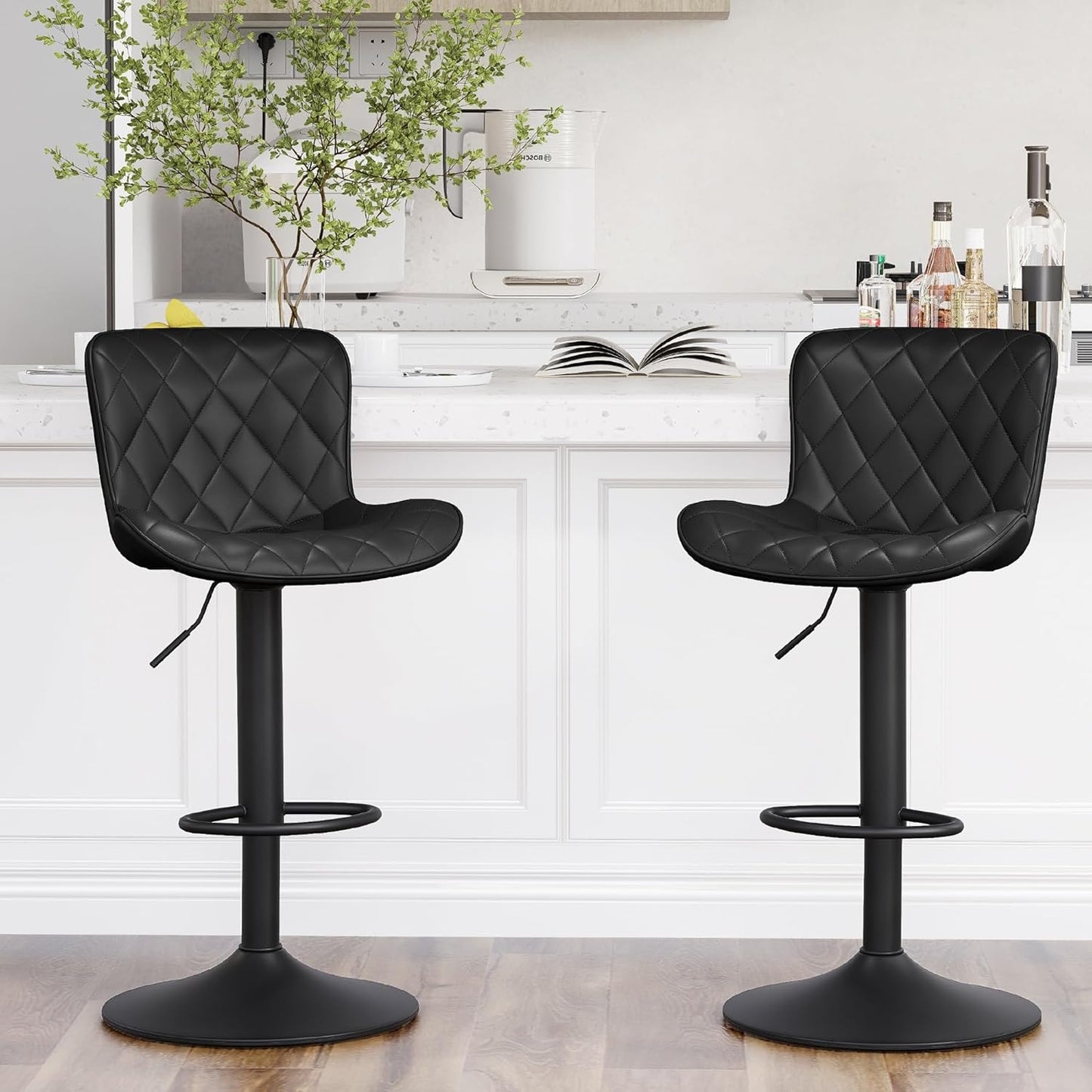 YOUNUOKE Bar Stools Set of 2 Faux Leather Barstools with Back Modern Swivel Counter Height Stool Adjustable High Bar Chairs for Kitchen Islands, Black