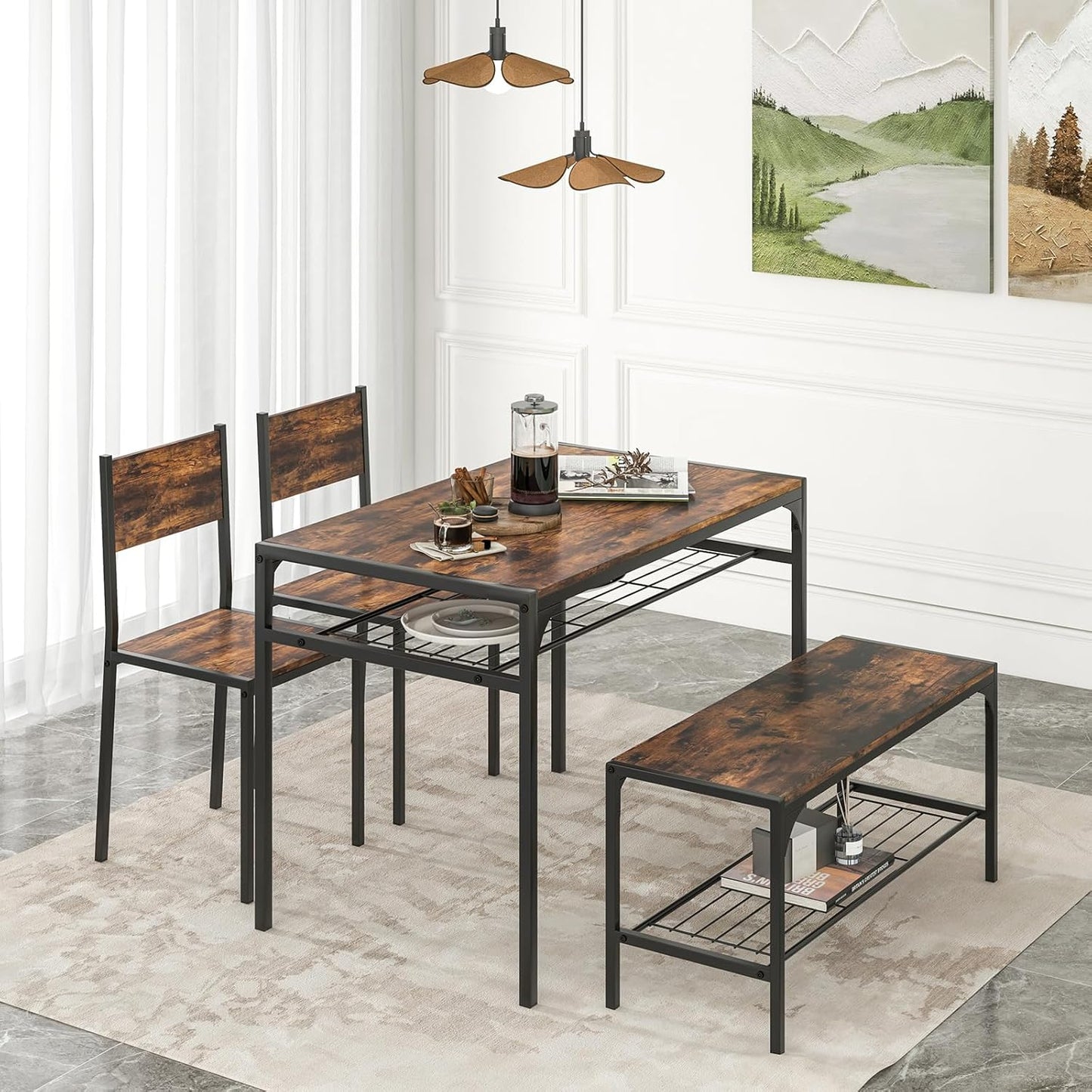 Giantex Dining Table Set for 4, Kitchen Table with Chairs & Bench, Storage Racks, Metal Frame, 4-Piece Space-Saving Dinette Set for Dining Room, Breakfast Nook, Small Space, Apartment,Rustic Brown