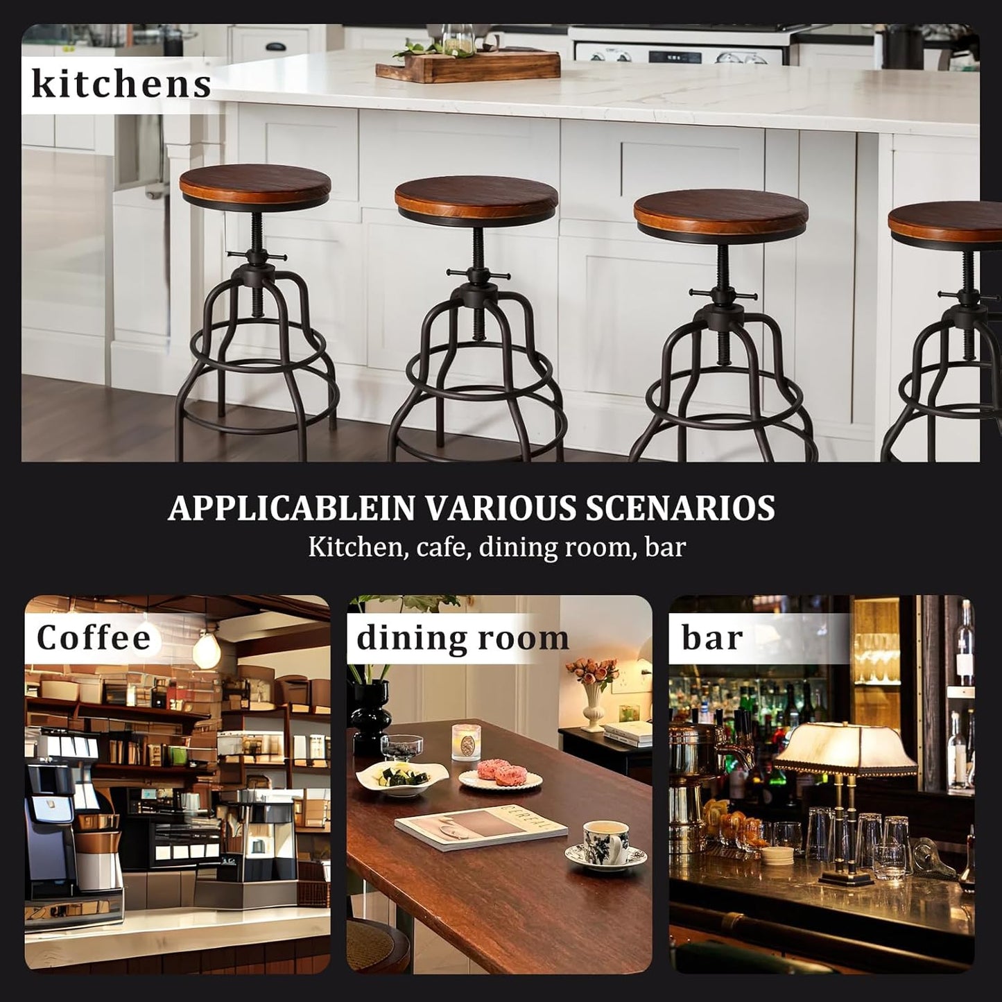 LOKKHAN Vintage Industrial Barstools - 13.8" Dia Round Wooden Brown Seat - Black Metal Base - Adjustable Height: 23.6"-29.5" / Minimalist Design/Raw Rustic Look/Rotating Top Bar Chairs, Set of 4