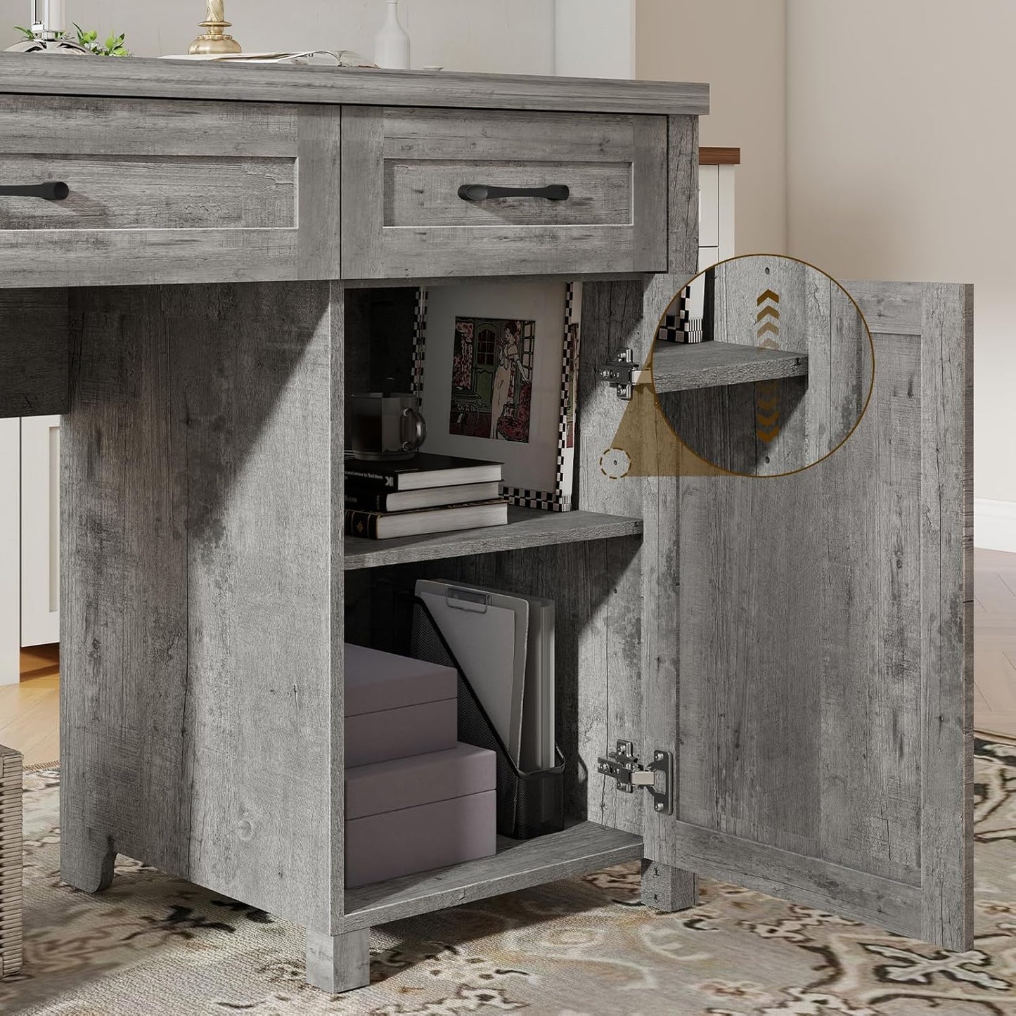 Farmhouse 61'' Executive Desk with 5 Drawers, Rustic Office Desk Computer Desk with Charging Station, File Drawers and Storage Cabinet, Wood Workstation for Study and Home Office,(Grey)